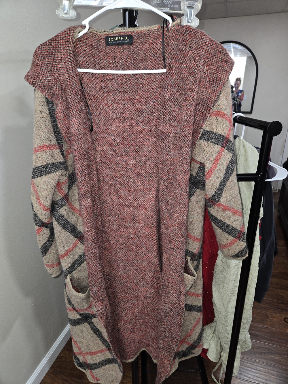 Joseph Open-Front Hooded Cardigan in Rust and Beige Plaid